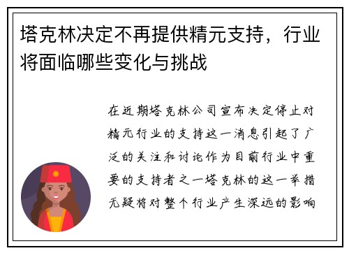 塔克林决定不再提供精元支持，行业将面临哪些变化与挑战